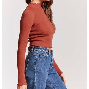 Cropped mock neck sweater with lettuce trim